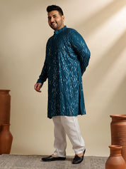 Sojanya Plus (Since 1958) Men's Cotton Designer Teal Kurta With White Pyjama & Navy Nehru Jacket