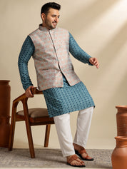 Sojanya Plus (Since 1958) Men's Cotton Designer Teal Kurta With White Pyjama & Green Nehru Jacket