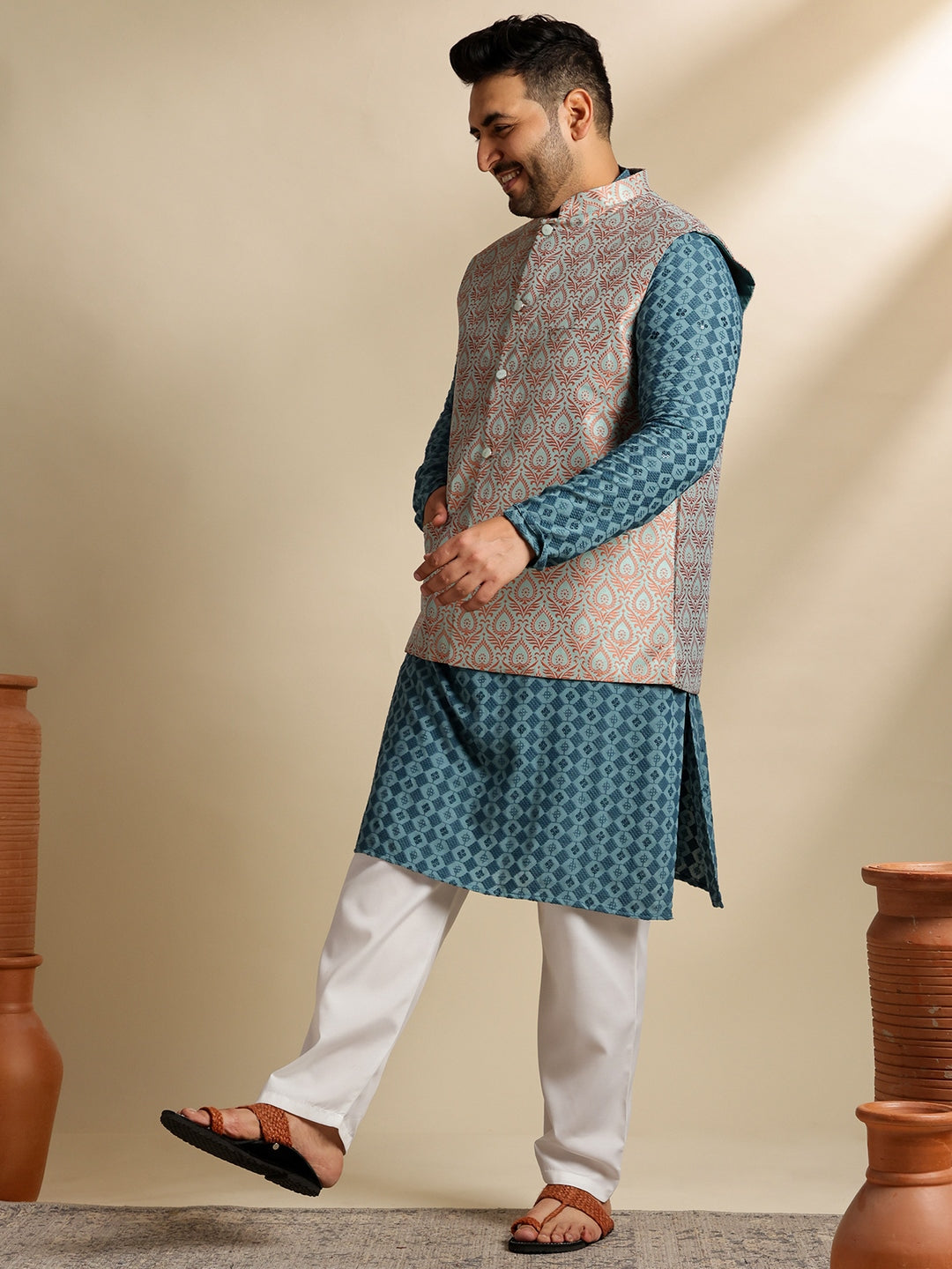 Sojanya Plus (Since 1958) Men's Cotton Designer Teal Kurta With White Pyjama & Green Nehru Jacket