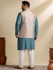 Sojanya Plus (Since 1958) Men's Cotton Designer Teal Kurta With White Pyjama & Green Nehru Jacket