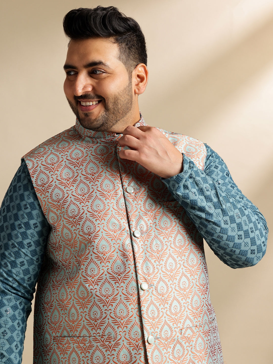 Sojanya Plus (Since 1958) Men's Cotton Designer Teal Kurta With White Pyjama & Green Nehru Jacket