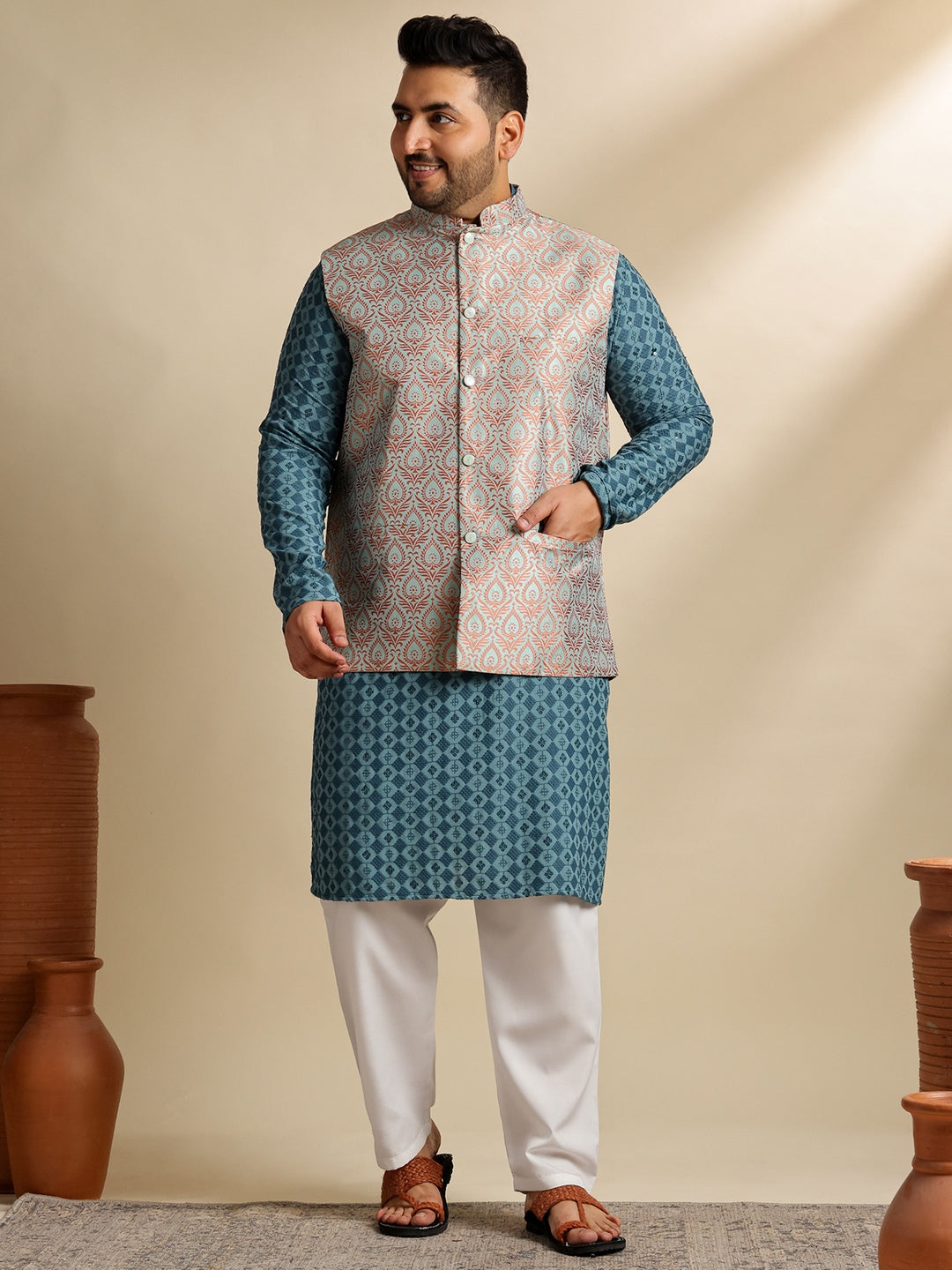 Sojanya Plus (Since 1958) Men's Cotton Designer Teal Kurta With White Pyjama & Green Nehru Jacket