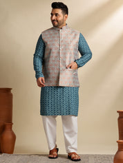 Sojanya Plus (Since 1958) Men's Cotton Designer Teal Kurta With White Pyjama & Green Nehru Jacket