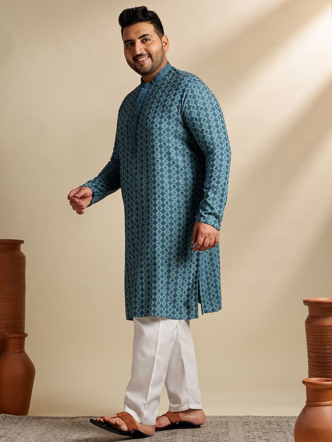 Sojanya Plus (Since 1958) Men's Cotton Designer Teal Kurta With White Pyjama & Green Nehru Jacket
