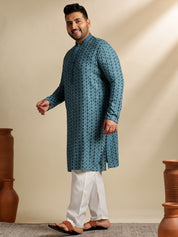 Sojanya Plus (Since 1958) Men's Cotton Designer Teal Kurta With White Pyjama & Green Nehru Jacket
