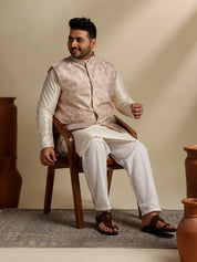 Sojanya Plus (Since 1958) Men's Cotton Embroidered Cream Kurta & Nehru Jacket With White Pyjama