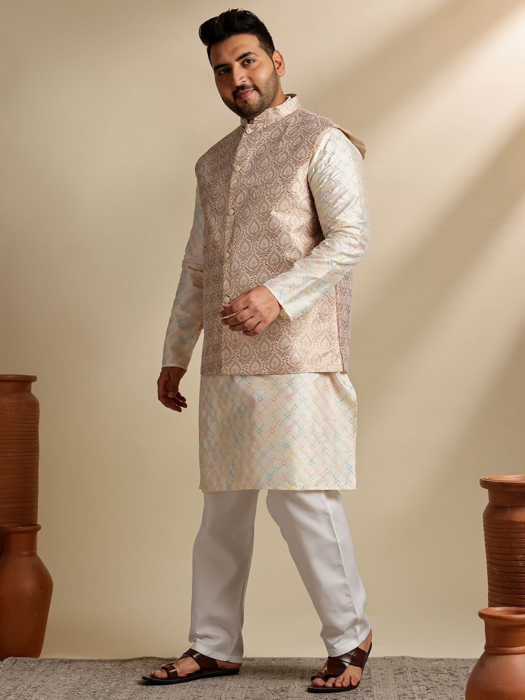 Sojanya Plus (Since 1958) Men's Cotton Embroidered Cream Kurta & Nehru Jacket With White Pyjama