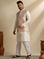 Sojanya Plus (Since 1958) Men's Cotton Embroidered Cream Kurta & Nehru Jacket With White Pyjama