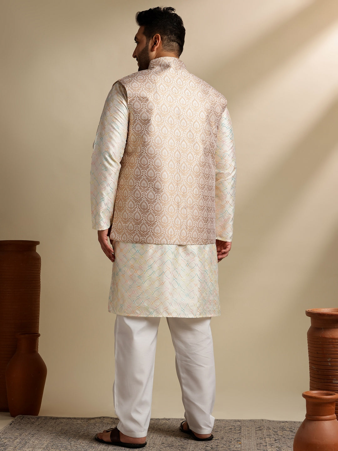 Sojanya Plus (Since 1958) Men's Cotton Embroidered Cream Kurta & Nehru Jacket With White Pyjama