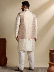 Sojanya Plus (Since 1958) Men's Cotton Embroidered Cream Kurta & Nehru Jacket With White Pyjama