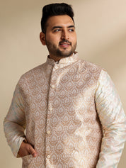 Sojanya Plus (Since 1958) Men's Cotton Embroidered Cream Kurta & Nehru Jacket With White Pyjama
