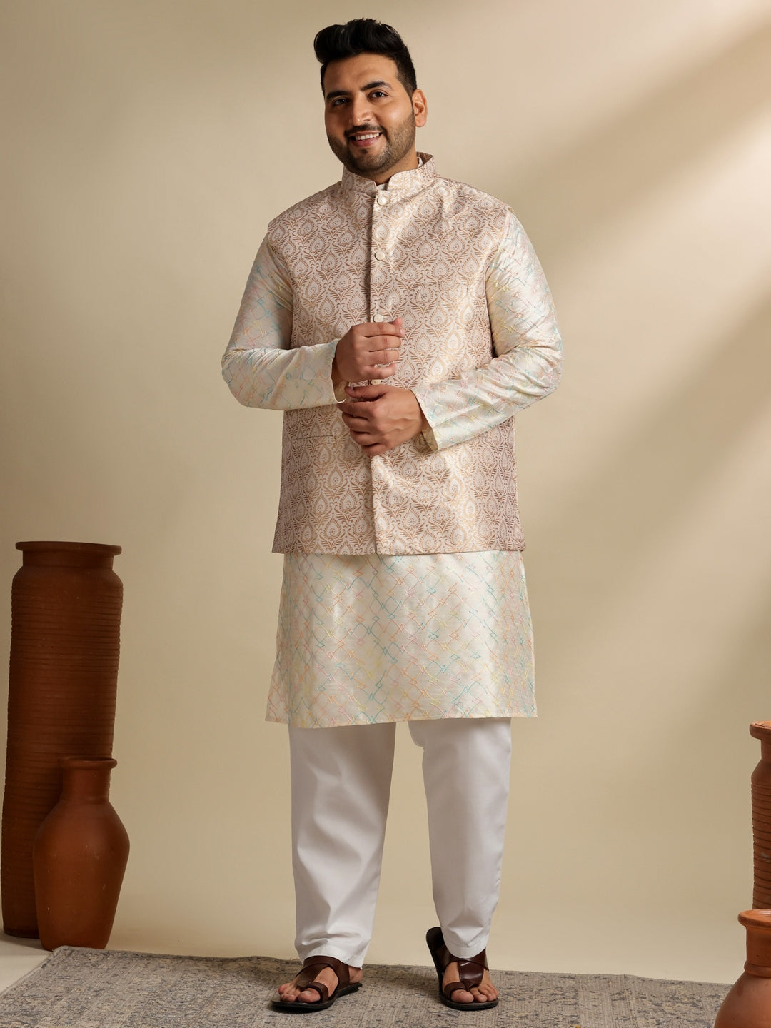 Sojanya Plus (Since 1958) Men's Cotton Embroidered Cream Kurta & Nehru Jacket With White Pyjama