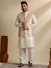 Sojanya Plus (Since 1958) Men's Cotton Embroidered Cream Kurta & Nehru Jacket With White Pyjama