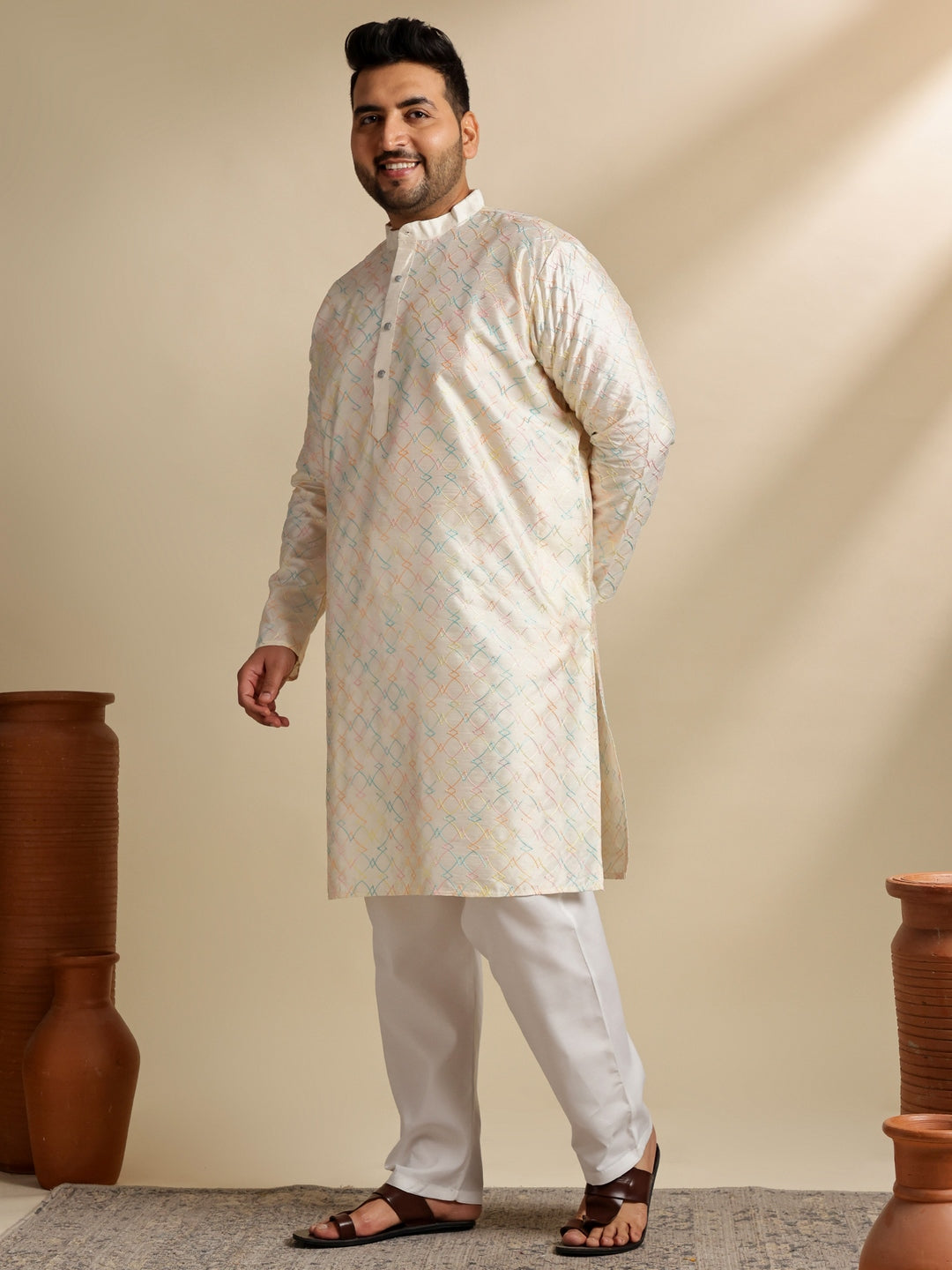 Sojanya Plus (Since 1958) Men's Cotton Embroidered Cream Kurta & Nehru Jacket With White Pyjama
