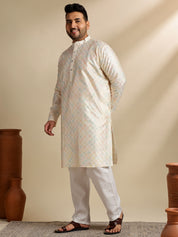 Sojanya Plus (Since 1958) Men's Cotton Embroidered Cream Kurta & Nehru Jacket With White Pyjama