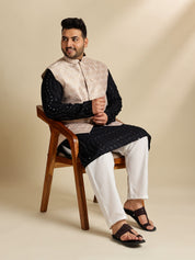 Sojanya Plus (Since 1958) Men's Cotton Designer Black Kurta With White Pyjama & Cream Nehru Jacket