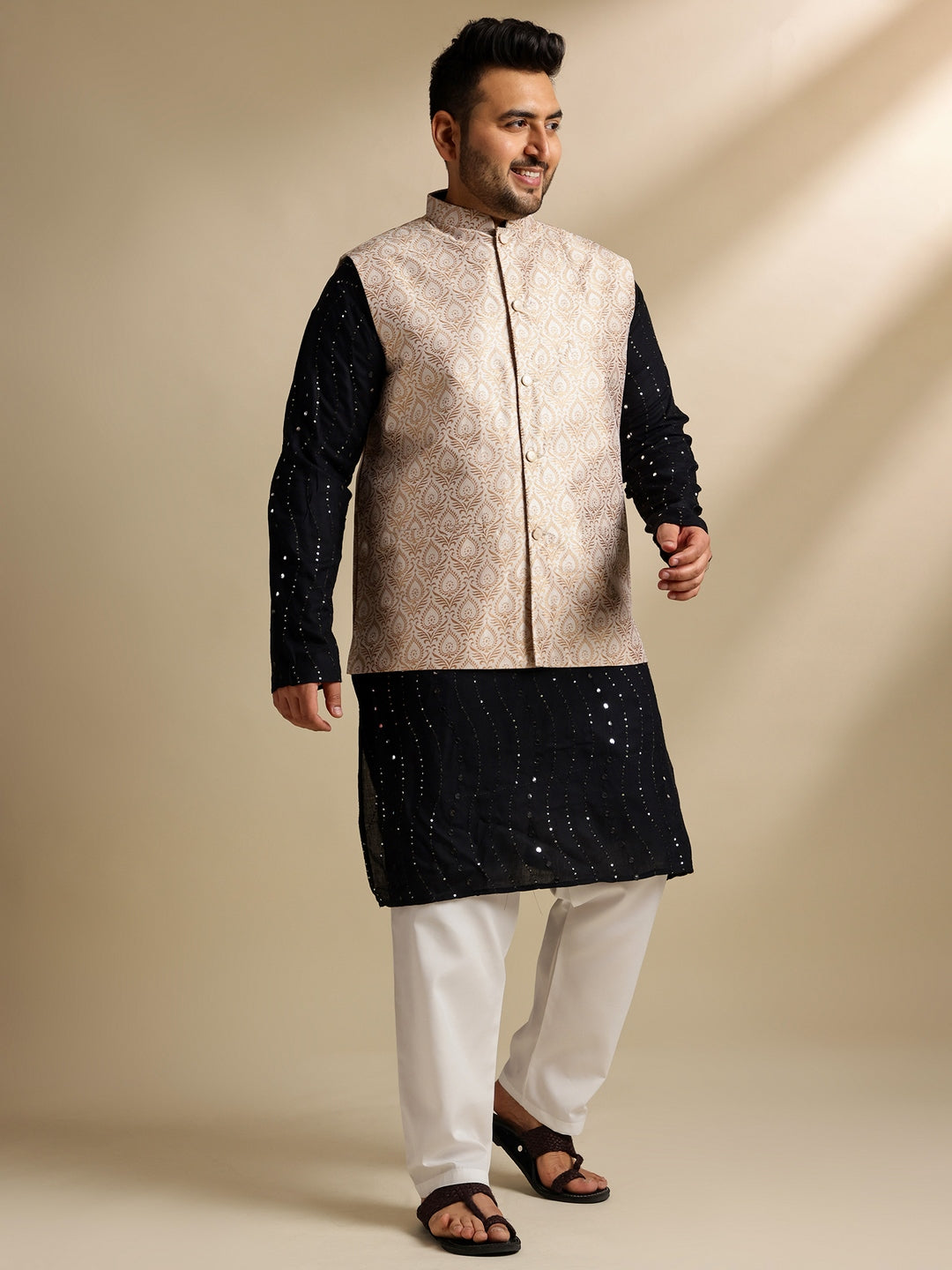 Sojanya Plus (Since 1958) Men's Cotton Designer Black Kurta With White Pyjama & Cream Nehru Jacket