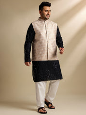 Sojanya Plus (Since 1958) Men's Cotton Designer Black Kurta With White Pyjama & Cream Nehru Jacket
