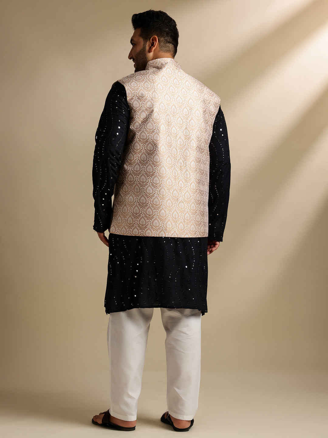 Sojanya Plus (Since 1958) Men's Cotton Designer Black Kurta With White Pyjama & Cream Nehru Jacket