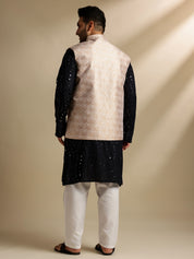 Sojanya Plus (Since 1958) Men's Cotton Designer Black Kurta With White Pyjama & Cream Nehru Jacket