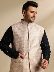 Sojanya Plus (Since 1958) Men's Cotton Designer Black Kurta With White Pyjama & Cream Nehru Jacket
