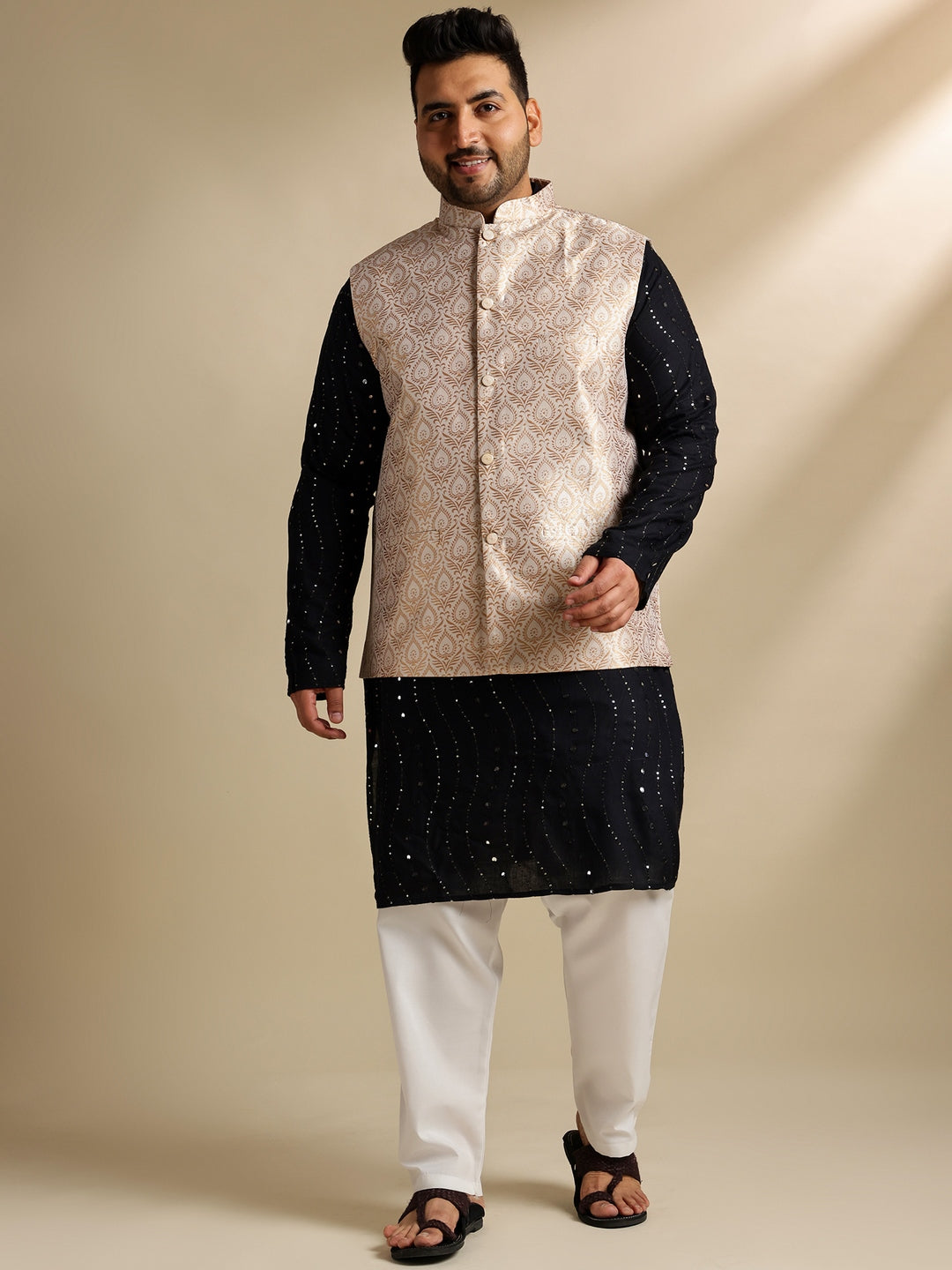 Sojanya Plus (Since 1958) Men's Cotton Designer Black Kurta With White Pyjama & Cream Nehru Jacket
