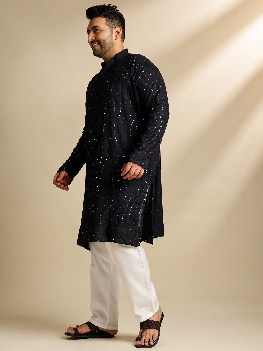 Sojanya Plus (Since 1958) Men's Cotton Designer Black Kurta With White Pyjama & Cream Nehru Jacket
