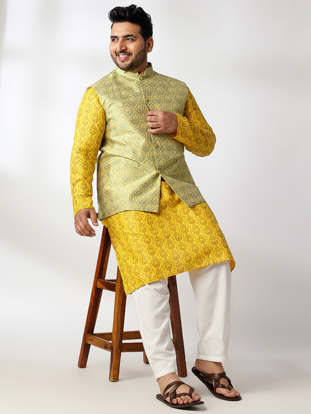 Men's Cotton Blend Printed Mustard Kurta With White Pyjama & Yellow Nehru Jacket
