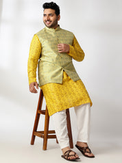 Men's Cotton Blend Printed Mustard Kurta With White Pyjama & Yellow Nehru Jacket