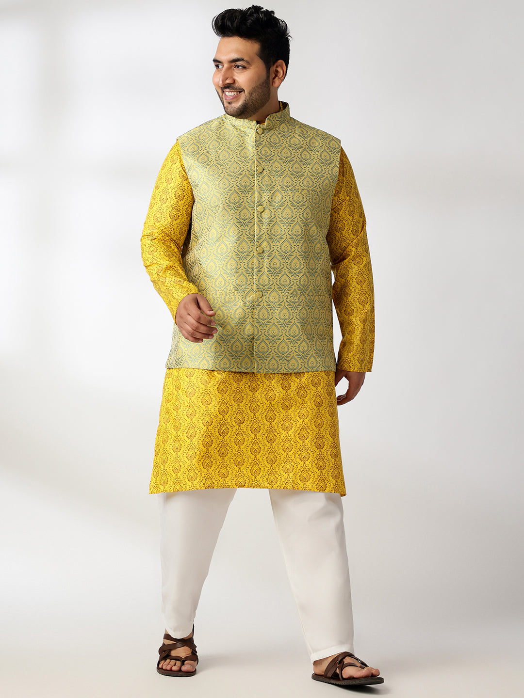 Men's Cotton Blend Printed Mustard Kurta With White Pyjama & Yellow Nehru Jacket