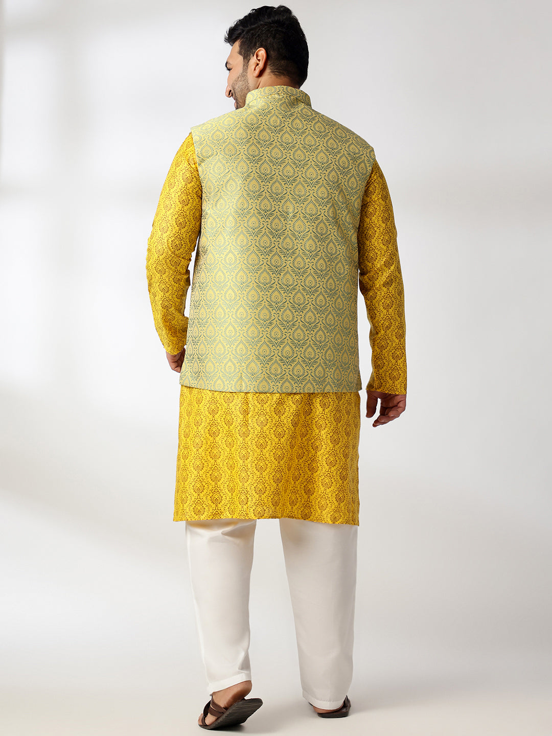 Men's Cotton Blend Printed Mustard Kurta With White Pyjama & Yellow Nehru Jacket
