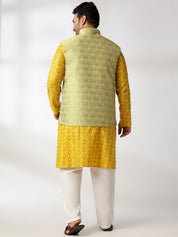 Men's Cotton Blend Printed Mustard Kurta With White Pyjama & Yellow Nehru Jacket