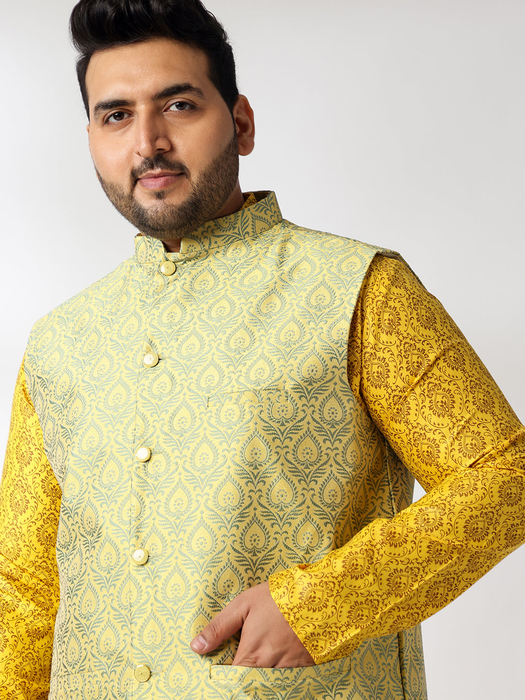Men's Cotton Blend Printed Mustard Kurta With White Pyjama & Yellow Nehru Jacket
