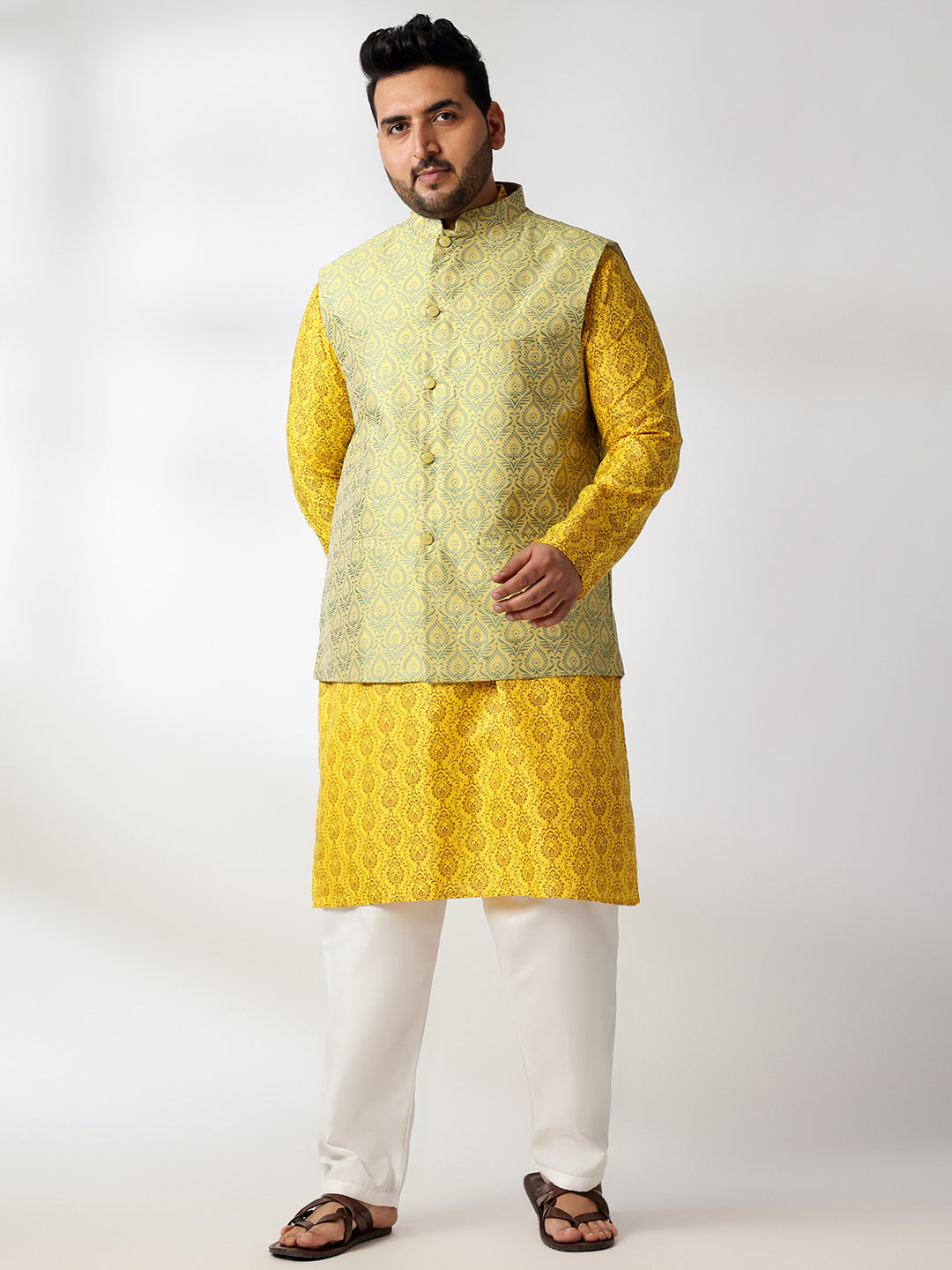Men's Cotton Blend Printed Mustard Kurta With White Pyjama & Yellow Nehru Jacket
