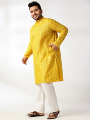 Men's Cotton Blend Printed Mustard Kurta With White Pyjama & Yellow Nehru Jacket
