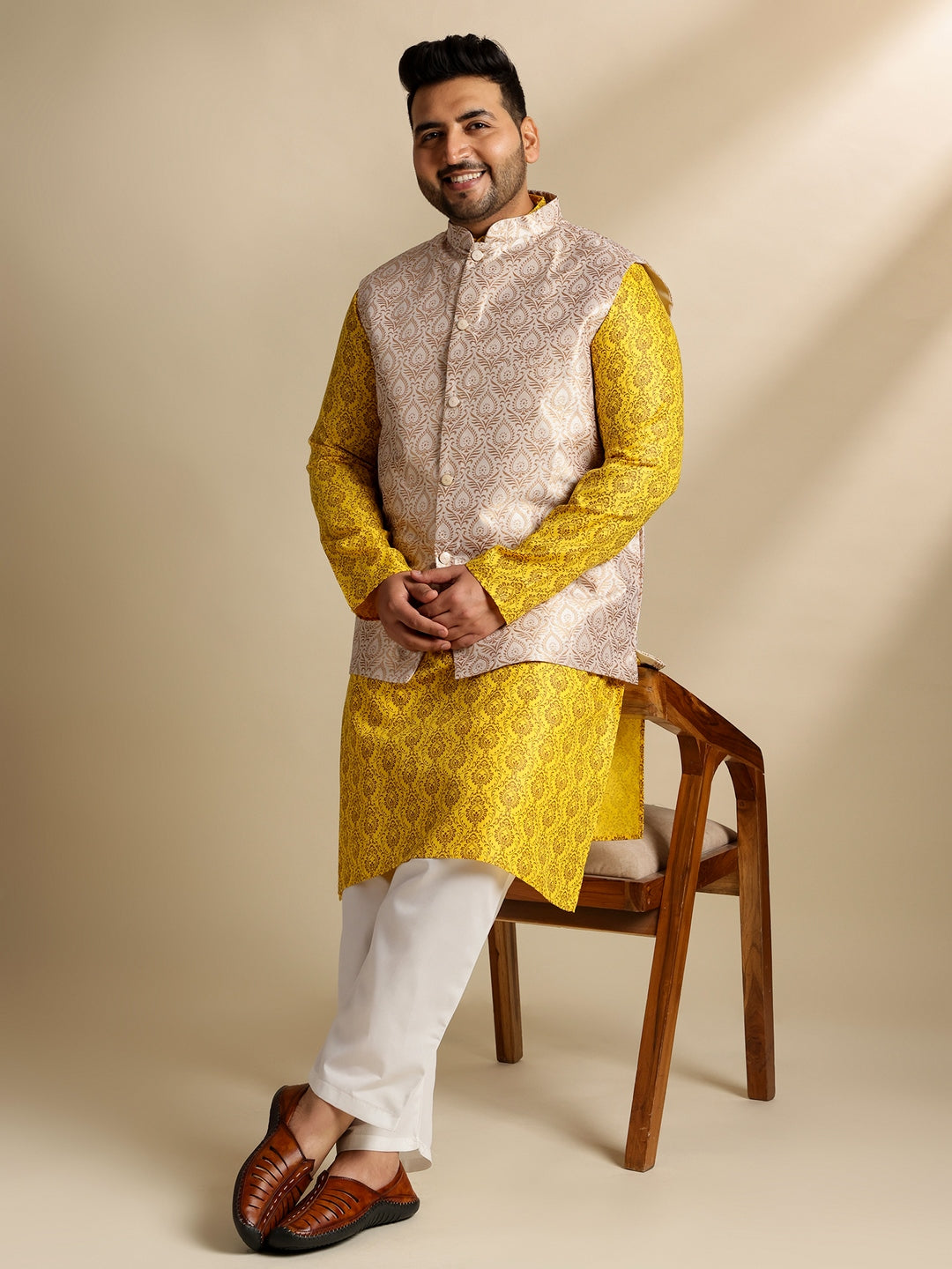 Sojanya Plus (Since 1958) Men's Cotton Blend Printed Mustard Kurta With Pyjama & Cream Nehru Jacket