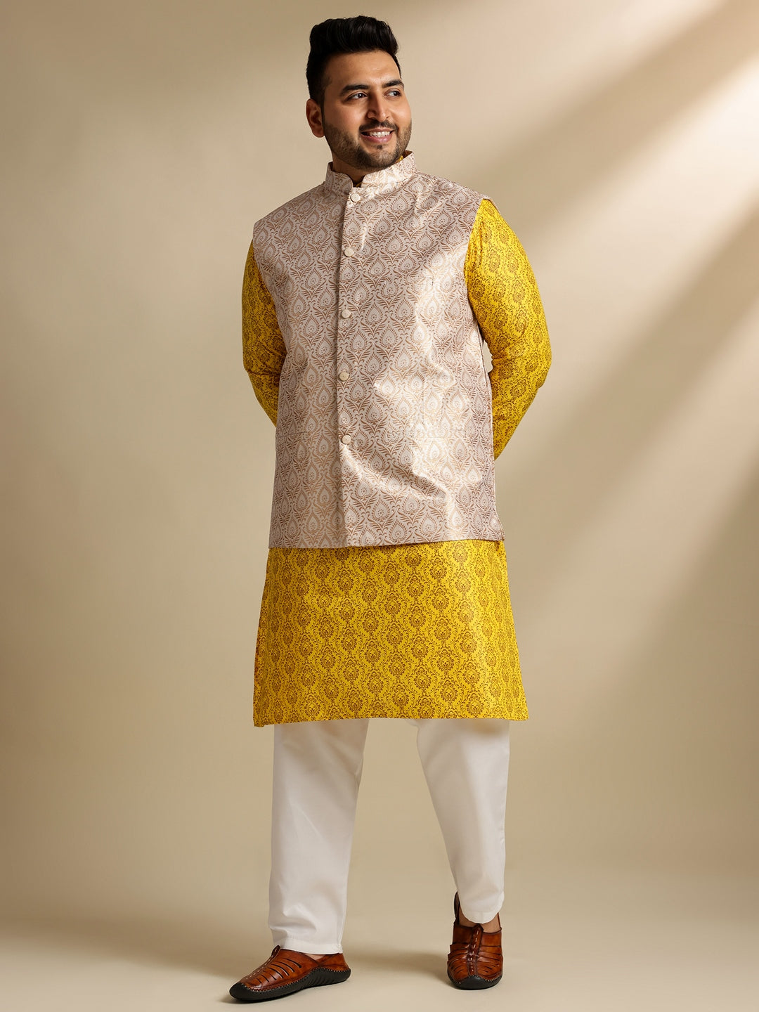 Sojanya Plus (Since 1958) Men's Cotton Blend Printed Mustard Kurta With Pyjama & Cream Nehru Jacket