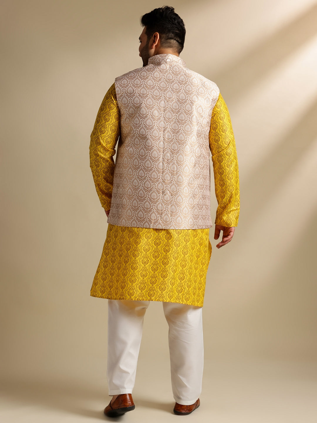 Sojanya Plus (Since 1958) Men's Cotton Blend Printed Mustard Kurta With Pyjama & Cream Nehru Jacket