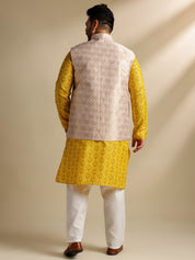 Sojanya Plus (Since 1958) Men's Cotton Blend Printed Mustard Kurta With Pyjama & Cream Nehru Jacket