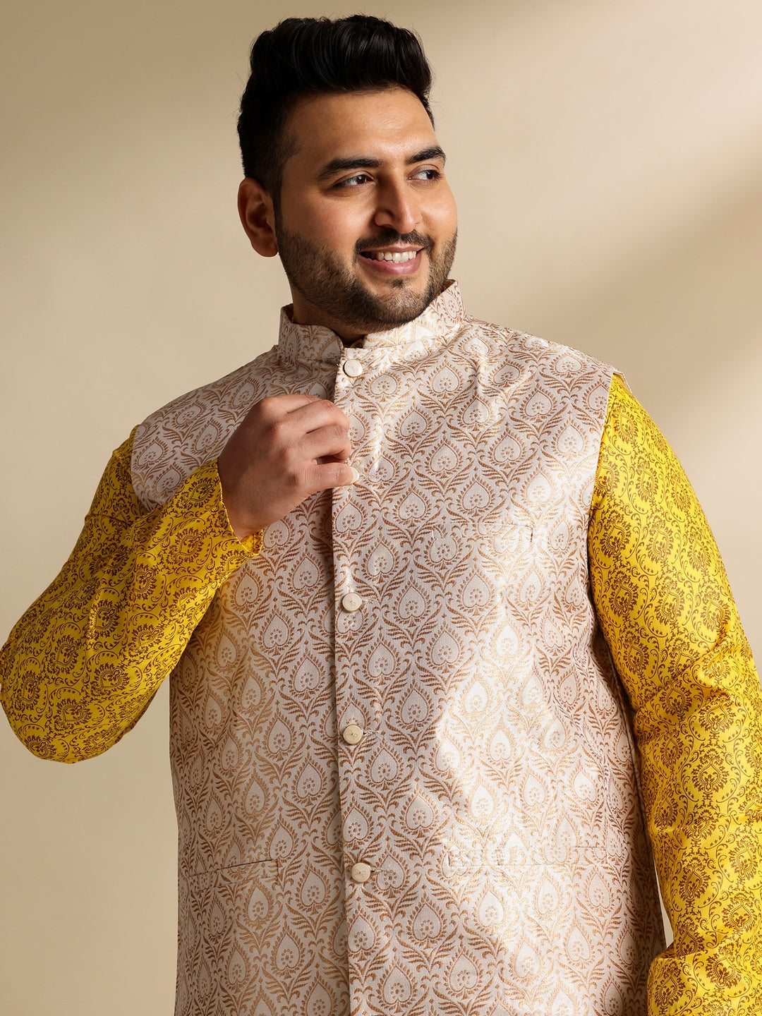 Sojanya Plus (Since 1958) Men's Cotton Blend Printed Mustard Kurta With Pyjama & Cream Nehru Jacket