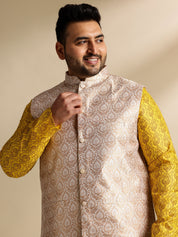 Sojanya Plus (Since 1958) Men's Cotton Blend Printed Mustard Kurta With Pyjama & Cream Nehru Jacket