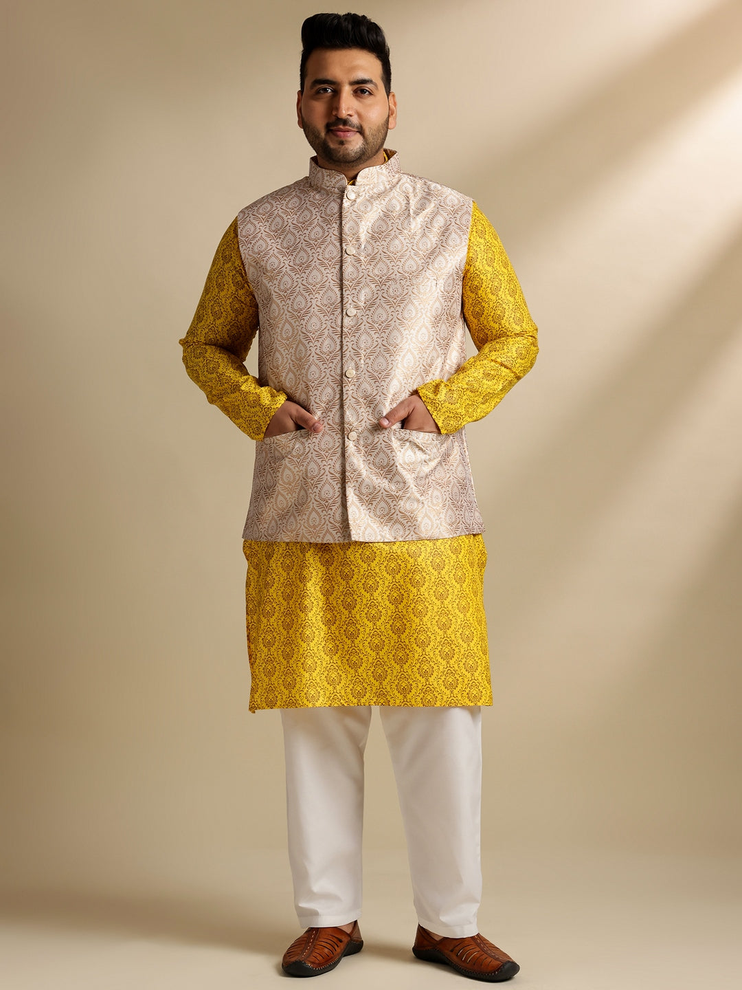 Sojanya Plus (Since 1958) Men's Cotton Blend Printed Mustard Kurta With Pyjama & Cream Nehru Jacket