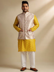 Sojanya Plus (Since 1958) Men's Cotton Blend Printed Mustard Kurta With Pyjama & Cream Nehru Jacket