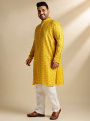 Sojanya Plus (Since 1958) Men's Cotton Blend Printed Mustard Kurta With Pyjama & Cream Nehru Jacket
