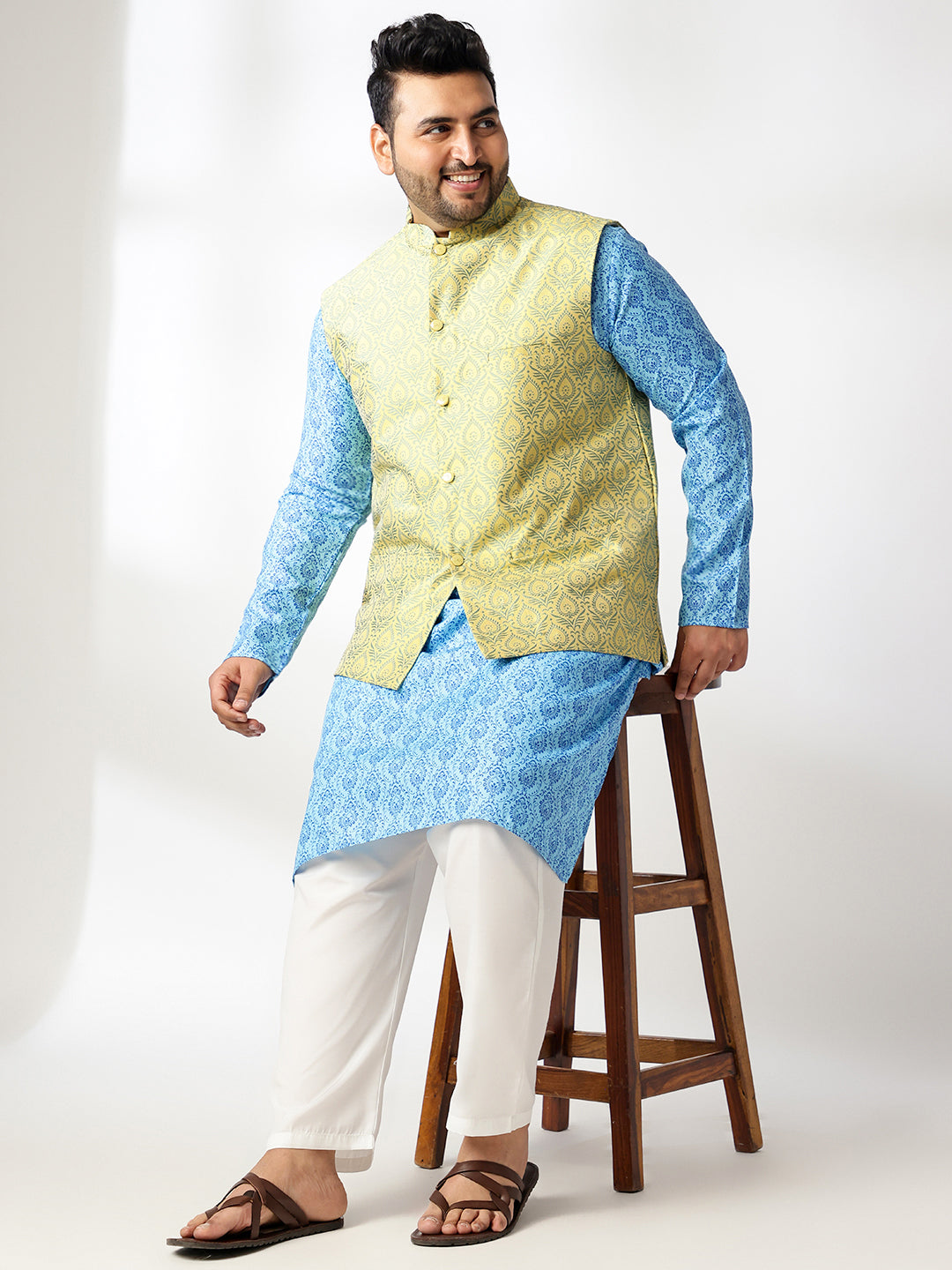 Men's Cotton Blend Printed Blue Kurta With White Pyjama & Yellow Nehru Jacket