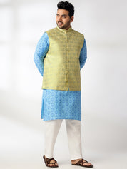 Men's Cotton Blend Printed Blue Kurta With White Pyjama & Yellow Nehru Jacket