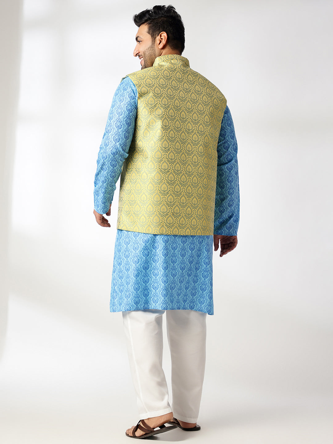 Men's Cotton Blend Printed Blue Kurta With White Pyjama & Yellow Nehru Jacket
