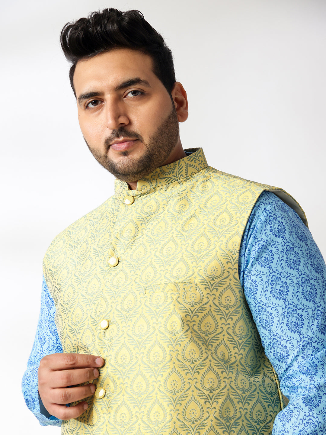 Men's Cotton Blend Printed Blue Kurta With White Pyjama & Yellow Nehru Jacket