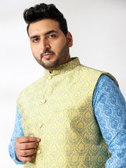 Men's Cotton Blend Printed Blue Kurta With White Pyjama & Yellow Nehru Jacket