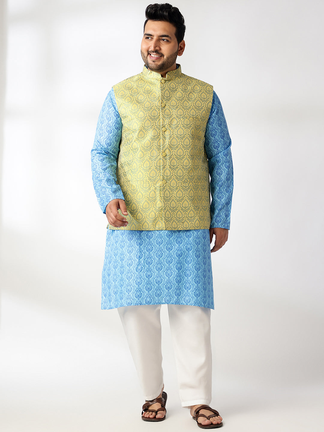Men's Cotton Blend Printed Blue Kurta With White Pyjama & Yellow Nehru Jacket